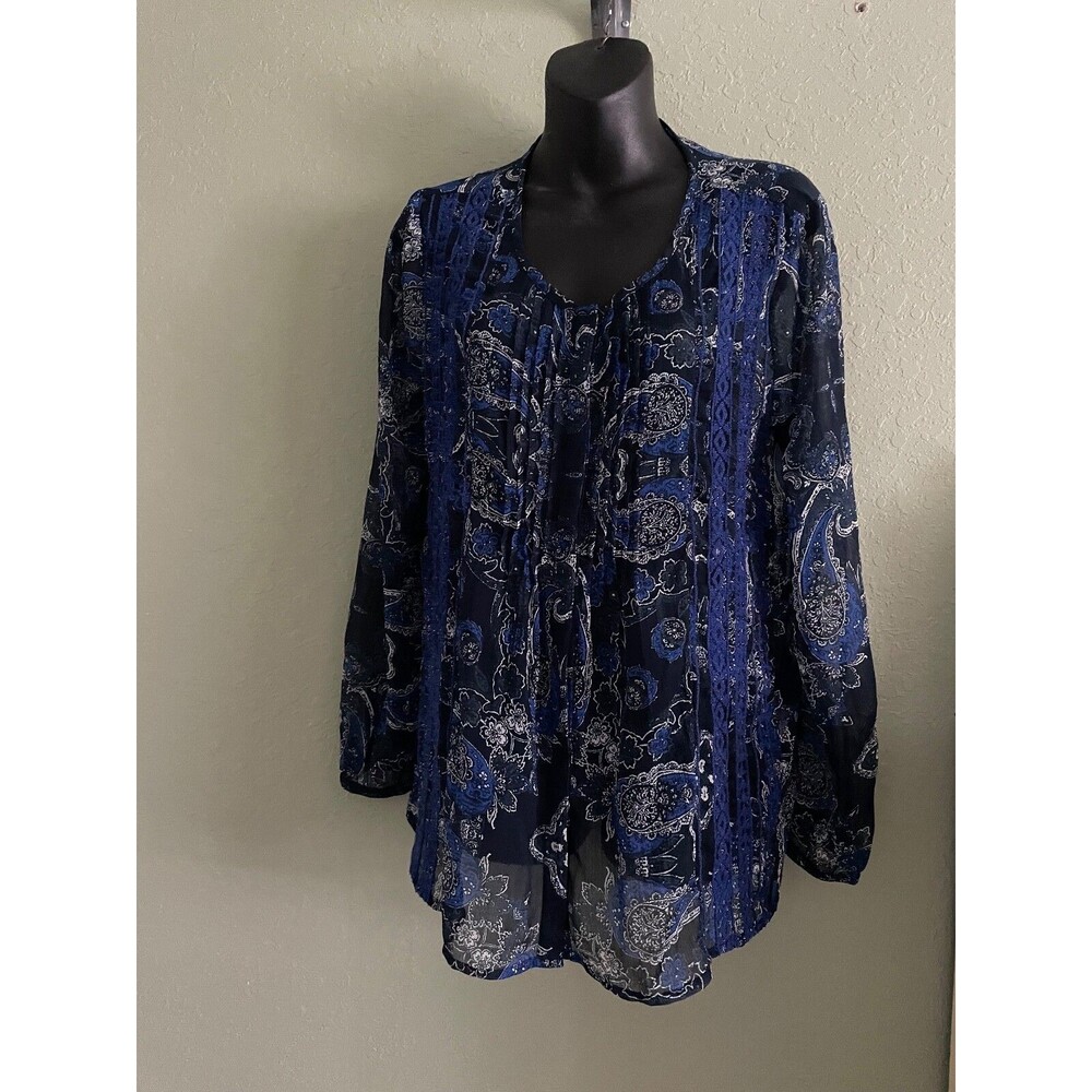Women's Boho LUCKY Brand Blue  Paisley Long Sleeve Tunic Top Size M Lacey Sheer